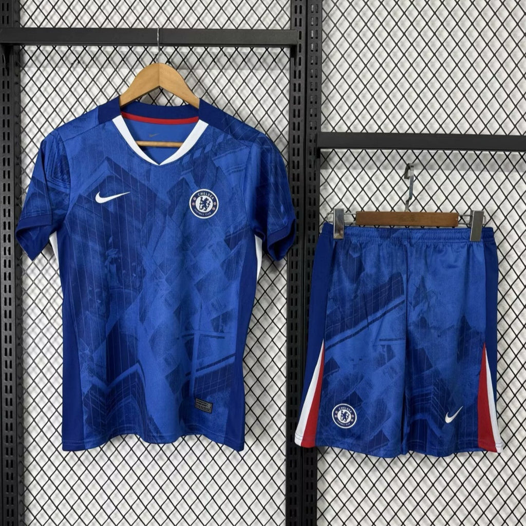 Ensemble Chelsea domicile adulte Le 12 -ème Maillot, maillot de football bleu et blanc avec logo officiel, vue de face