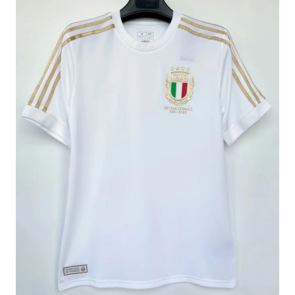 Maillot 25/26 Italie 125TH blanc, marque Le 12 -ème Maillot, vue de face avec logo et détails du tissu.