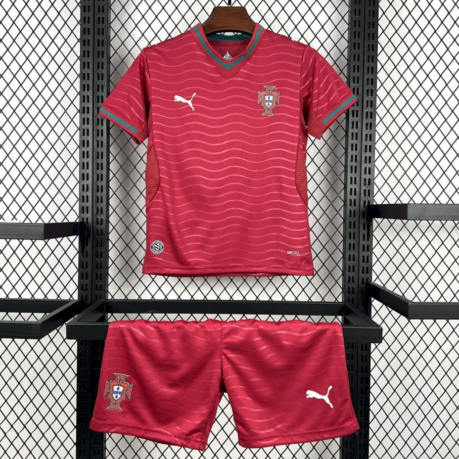 Ensemble enfant Portugal domicile Le 12 -ème Maillot, maillot de football bleu et vert avec logo officiel, vue de face