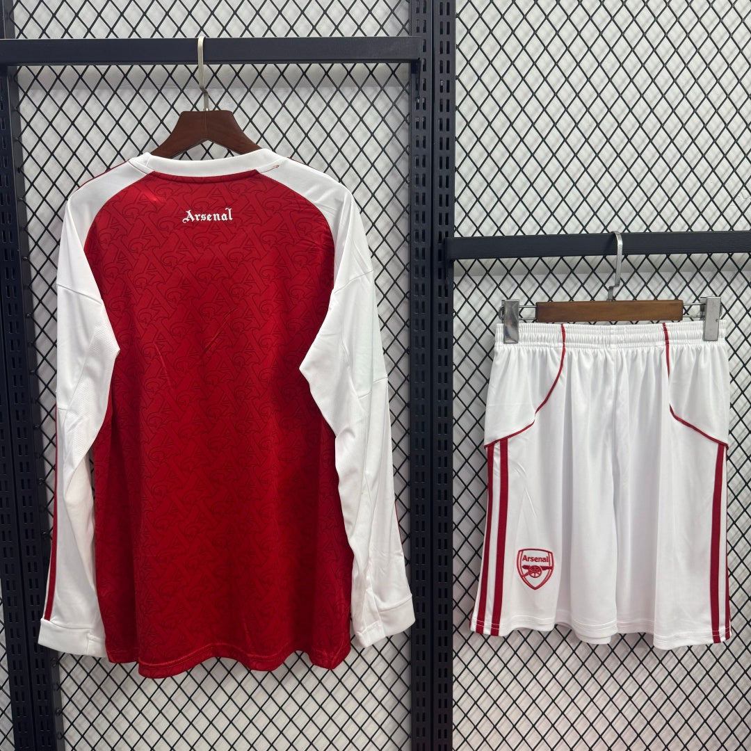 Ensemble de football Arsenal domicile 25/26 pour adulte, maillot à manches longues, marque Le 12 -ème Maillot, devant blanc et rouge.