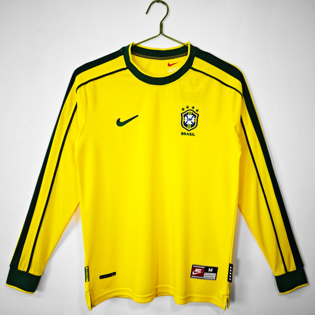 Maillot Brésil domicile rétro 1998 à manches longues, marque Le 12, pour supporter l'équipe nationale de football.