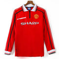 Maillot domicile rétro Manchester United 1998-1999 à manches longues, fabriqué par Le 12 -ème Maillot, vue du devant.