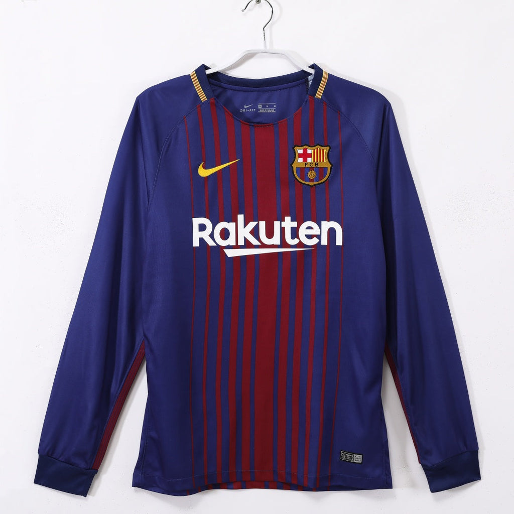 Maillot domicile rétro du FC Barcelone 2017-2018 à manches longues, en bleu et grenat, de la marque Le 12 -ème Maillot.