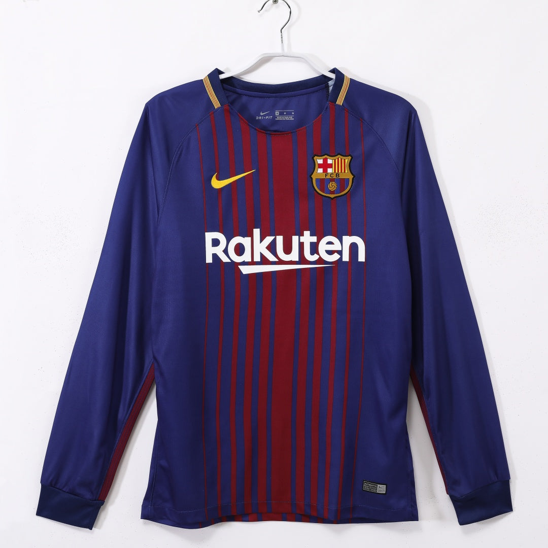 Maillot domicile rétro du FC Barcelone 2017-2018 à manches longues, en bleu et grenat, de la marque Le 12 -ème Maillot.