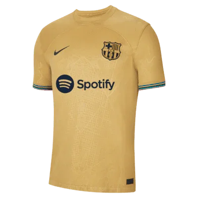 Maillot extérieur du FC Barcelone 2022/23, jersey officiel de l'équipe Le 12, avec motifs bleus et rouges.