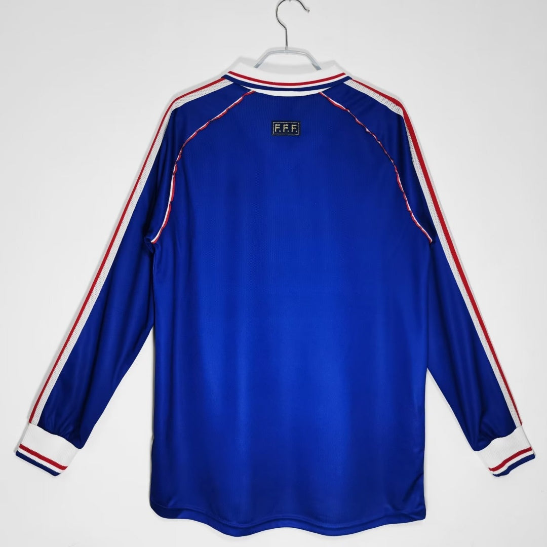 Maillot rétro domicile France 1998 à manches longues, maillot de football Le 12-ème Maillot, design vintage et logo national.