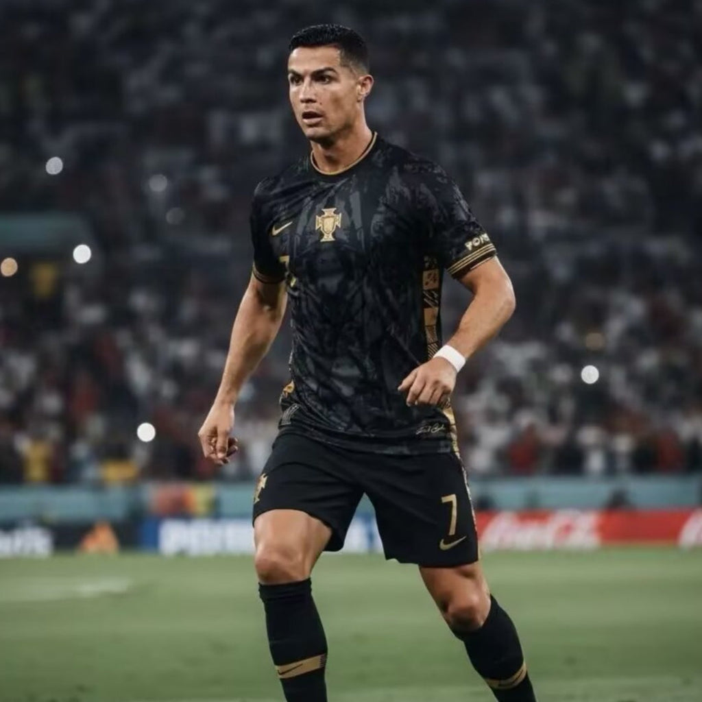 Maillot de football Portugal 25/26 noir, Le 12 -ème Maillot, vue du devant avec logo et détails en noir et blanc