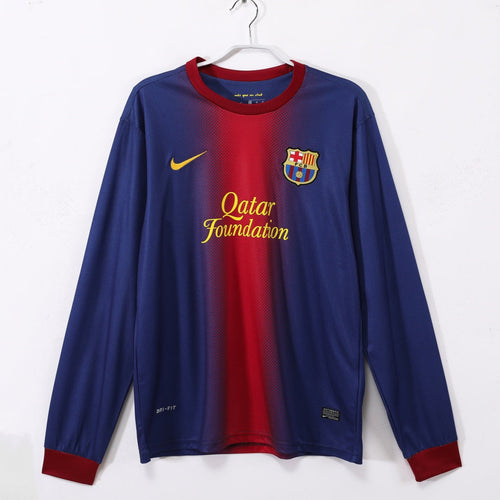 Maillot domicile rétro de Barcelone 2012-2013 à manches longues, marque Le 12 -ème Maillot, en bleu avec logo du club.