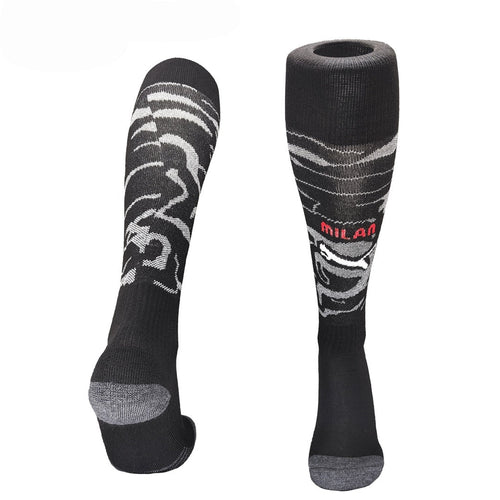 Chaussettes domicile AC Milan Le 12 -ème Maillot, bleu et noir avec logo et détails du club sur le tissu.