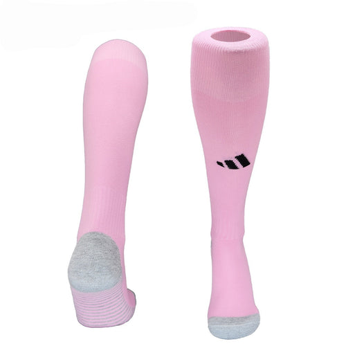 Chaussettes domicile Inter Miami de la marque Le 12-ème Maillot, avec logo et design en bleu, rose et blanc, vues de face.
