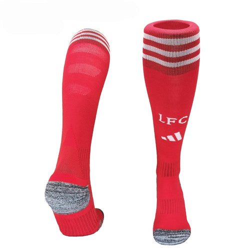 Chaussettes domicile Liverpool Le 12 -ème Maillot, en bleu avec logo et motifs de l'équipe de football.