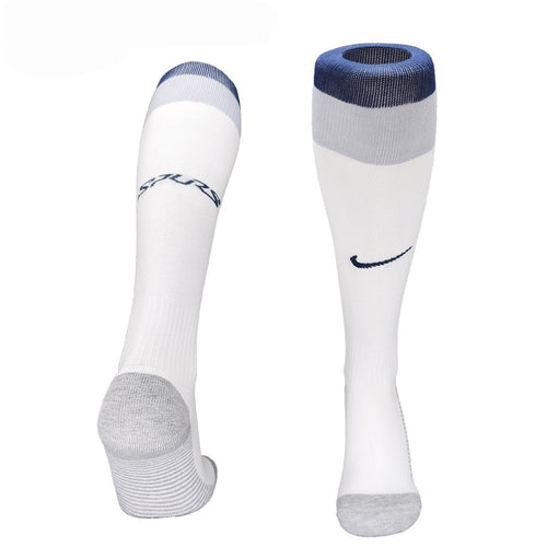 Chaussettes domicile Tottenham de la marque Le 12 -ème Maillot, coloris blanc avec détails bleus et logo de l'équipe.